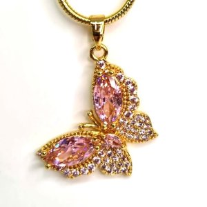 Pandantiv placat aur si cristale Zirconia fluture roz