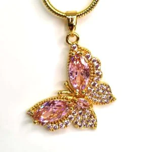 Pandantiv placat aur si cristale Zirconia fluture roz